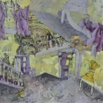 Een verstilde, dromerige ruimte waarin werkelijkheid en herinnering in elkaar overvloeien. Bleekgeel en zacht paars ademen door de kamer als vervagend licht. Een trap slingert omhoog langs fragiele balustrades, terwijl deuren halfopen lijken naar andere, onbestemde plekken. Op de achtergrond tekent zich een gezicht af van een vrouw dat uit het niets lijkt op te doemen. Vormen lossen op in elkaar, een zwevende stoel, flarden stof die als gedachten door de lucht hangen, en vage echo’s van architectuur die zich niet helemaal laten vastgrijpen. Alles lijkt tegelijk aanwezig en verdwenen, als een herinnering die net buiten bereik blijft. Een schilderij over het onvoltooide, over verhalen en levens die geen duidelijke afronding kennen, maar blijven bestaan in een open, zoekende vorm.