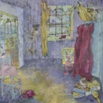 Een kamer doordrenkt van stilte, waar paarse muren fluisteren en het licht aarzelend door een gebroken raam valt. Een rode jurk hangt zwaar en leeg, alsof ze nog de warmte van een verdwenen lichaam draagt. Op de vloer ligt een verloren hoed, klein en eenzaam, als een achtergelaten gedachte. Uit de muur zweeft het gezicht van een vrouw en een man, vaag en breekbaar, half opgelost in de tijd, een blik die blijft hangen tussen zien en verdwijnen. Daarachter verschijnen, haast onmerkbaar, vervaagde huizen en bleke gevels en ramen die door de lagen verf heen schemeren, als herinneringen aan een buitenwereld die langzaam is opgelost maar zich niet volledig laat vergeten. In de hoek rusten boeken, gestapeld als herinneringen, terwijl een stoel en een achtergebleven schoen fragmenten van een ander moment vasthouden. Alles lijkt te wachten, zonder haast, zonder antwoord, een ruimte waar afwezigheid voelbaar wordt en waar het verleden zich zachtjes blijft herhalen in stof, kleur en stilte. Een schilderij over wat we achterlaten zonder het te beseffen, over hoe een plek gevuld kan blijven met wie we waren, lang nadat we er niet meer zijn.