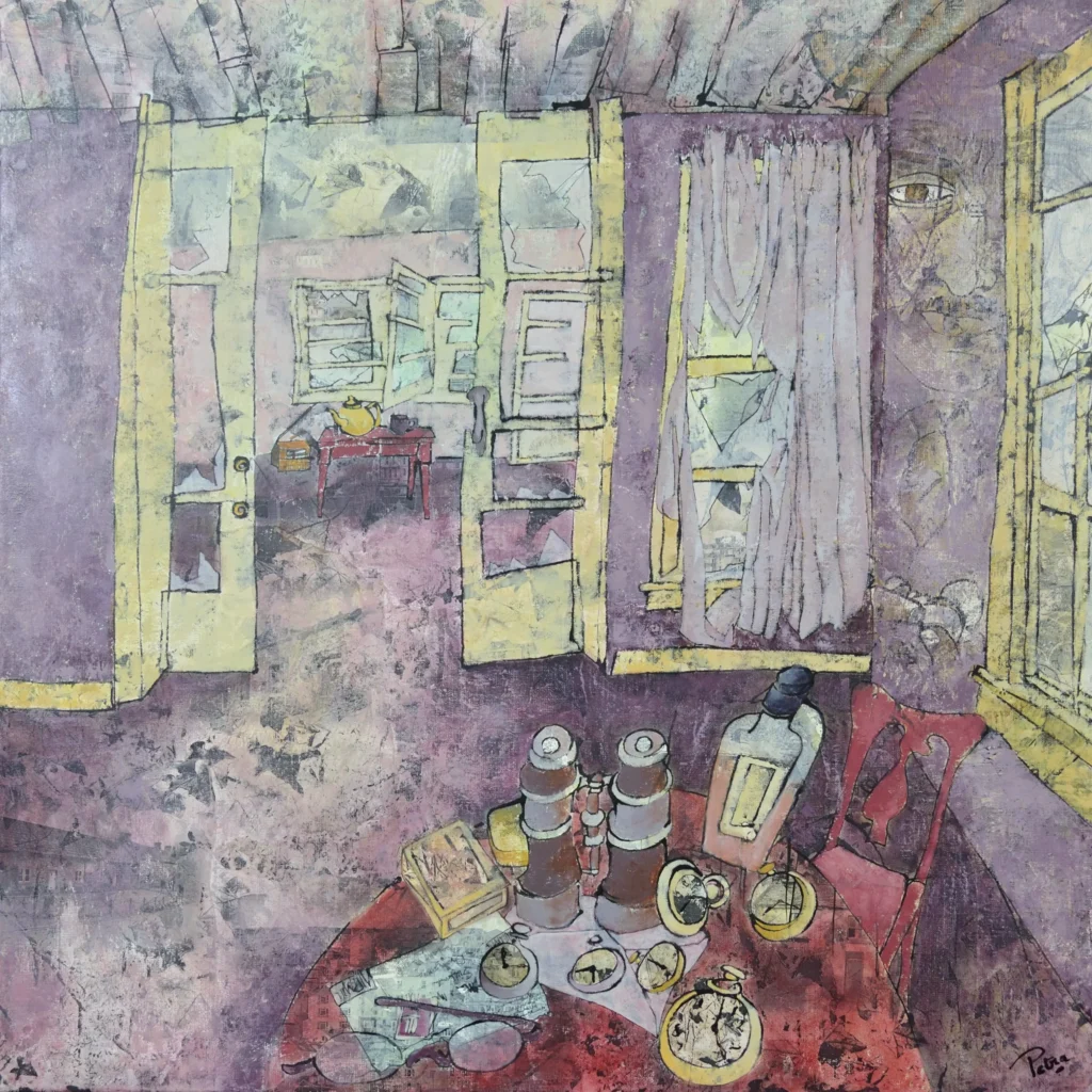 Een kamer in zachte paarstinten waar de tijd zich heeft neergelegd op een tafel vol kleine, zwijgende voorwerpen. Een fles, een verrekijker, een horloge, brief en een bril, alles ligt daar als stille getuigen van momenten die ooit betekenis droegen. Door openstaande deuren glijdt het oog naar een andere ruimte, waar een eenvoudige tafel en een theepot wachten in het bleke licht. In de achtergrond, bijna versmolten met de verf en het oppervlak, verschijnen vage huizen, lichte contouren van gevels en ramen die als herinneringen door de ruimte heen zweven, een buitenwereld die slechts nog in flarden aanwezig is. Gordijnen bewegen nauwelijks, alsof zelfs de lucht hier voorzichtig is. In de muur verschijnt een gezicht van een man, vaag en doorleefd, dat meekijkt zonder zich op te dringen, een herinnering die niet wil verdwijnen. De kamer ademt een bedachtzame rust, waarin elk object een verhaal bewaart en de tijd zelf zachtjes blijft door fluisteren, tot in die verre, half opgeloste huizen die stil blijven meekijken. Een schilderij over het moment waarop tijd geen lijn meer is, maar een ruimte wordt. Een plek waarin je kunt blijven hangen, waarin herinneringen en objecten samen een stille, onontkoombare aanwezigheid vormen.