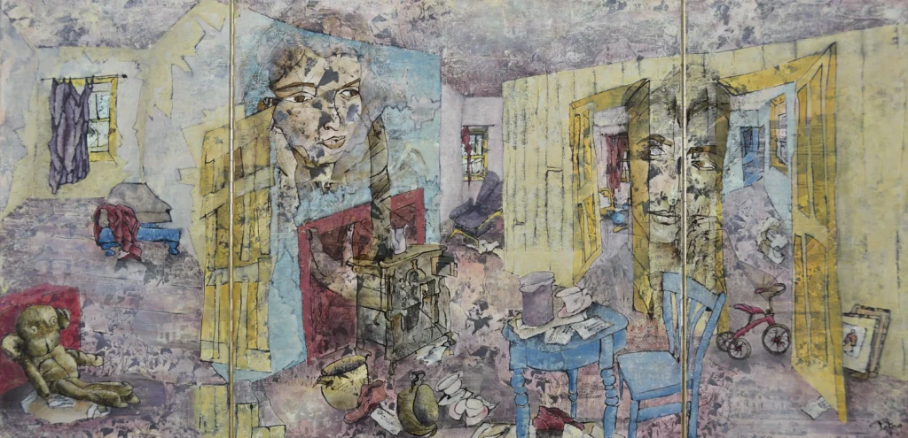 Waar het vorige schilderij gesloten bleef, stil en verzegeld, stromen hier de herinneringen uit. Een uitgestrekte, gelaagde ruimte waarin kamers zich openen als bladzijden van een herinnering die zich niet laat sluiten. De muren dragen gezichten van een vrouw en een man, zacht en verweerd, die tegelijk kijken en oplossen, alsof ze deel zijn geworden van de tijd zelf. In de achtergrond, verweven met de verf en structuur verschijnen vage huizen, lichte contouren van gevels en ramen die als een tweede, verre werkelijkheid door de ruimte heen schemeren, alsof binnen en buiten zich niet langer laten scheiden. Deuren staan open naar andere vertrekken, waar stoelen scheef staan, een kinderfietsje wacht, en een tafel vol kleine voorwerpen het leven in fragmenten vasthoudt. Een versleten knuffel ligt verlaten, terwijl ergens een kachel nog de echo draagt van warmte die er niet meer is. Alles lijkt in beweging en toch stil te staan, een wereld waarin binnen en buiten, heden en verleden, door elkaar heen schuiven. Het is een plek waar herinneringen niet verdwijnen, maar zich blijven herschikken, als schaduwen die zachtjes over elkaar heen glijden. Een schilderij over het moment waarop je terugkijkt en alles tegelijk ziet. Niet één herinnering, maar een stroom. Niet één verhaal, maar vele, die door elkaar heen lopen.