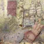 Een kamer in zachte, vervaagde tinten waar de tijd zich heeft neergelegd in barsten, vlekken en stille voorwerpen. Een versleten fauteuil staat op de voorgrond, haar stof gescheurd en moe, alsof ze nog de afdruk draagt van wie er ooit zat. Aan de zijkant staat een oude kachel met een kleine theepot erop, zwijgend en gesloten. Ernaast liggen eenvoudige gebruiksvoorwerpen, een kom, een lepel, als resten van handelingen die zijn stilgevallen. Boven en naast de kachel hangen twee olielampen, fragiel en stil, als dragers van een licht dat hier ooit brandde. Op de achtergrond loopt een smalle trap omhoog, half opgelost in de ruimte, als een doorgang zonder duidelijke bestemming. Uit de muur verschijnt het gezicht van een oude man. In de verweerde lagen van de muur verschijnen vage huizen, niet als een buitenwereld, maar als herinneringen die zich in het oppervlak hebben vastgezet, als bleke afdrukken van plekken die blijven bestaan juist doordat ze vervagen. Alles ademt een ingetogen spanning tussen aanwezigheid en verval, een plek waar tijd zich niet verplaatst, maar zich ophoopt in elke laag en elke scheur en in die stille, half zichtbare huizen die zich blijven herhalen in het beeld. Een schilderij over wat niet weggaat. Over herinneringen, aanwezigheid, of misschien een ziel die niet kan loslaten, en daardoor deel wordt van de ruimte zelf. Het is geen dramatische stilte, maar een stille aanwezigheid die blijft hangen, ook wanneer alles ogenschijnlijk leeg is.