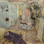 Een stille kamer waarin het leven zich heeft teruggetrokken, maar zijn sporen heeft achtergelaten in zachte, verweerde tinten. Een jas ligt achteloos over een bed, nog sporen van een afwezig lichaam, terwijl een open deur leidt naar een andere ruimte waar de tijd lijkt te zijn blijven hangen. Op een kleine kast liggen eenvoudige voorwerpen, kommen, een doek, alsof een hand ze zojuist heeft neergelegd en nooit is teruggekeerd. Aan de muur hangt een jurk, leeg maar geladen, als een herinnering die blijft ademen. Uit de lagen van verf verschijnt het gezicht van een vrouw, fragiel en zoekend, dat naar binnen kijkt, of misschien naar binnen voelt. In diezelfde lagen duiken vage huizen op, niet als een verre plek, maar als stille echo’s van een wereld die zich in de muren heeft genesteld, als herinneringen die geen grens meer kennen tussen binnen en buiten. Alles in de ruimte fluistert van afwezigheid en nabijheid tegelijk, een plek waar herinneringen zacht blijven rondwaren zonder ooit helemaal te verdwijnen. Een schilderij waar alles draait om wat niet uitgesproken wordt, de stilte die niet leeg is, maar gevuld met sporen van wat ooit was. Over hoe stilte verhalen kan dragen. Over ruimtes die blijven spreken, ook wanneer niemand er nog is. Het is een stilte die niet vraagt om doorbroken te worden, maar om gehoord te worden