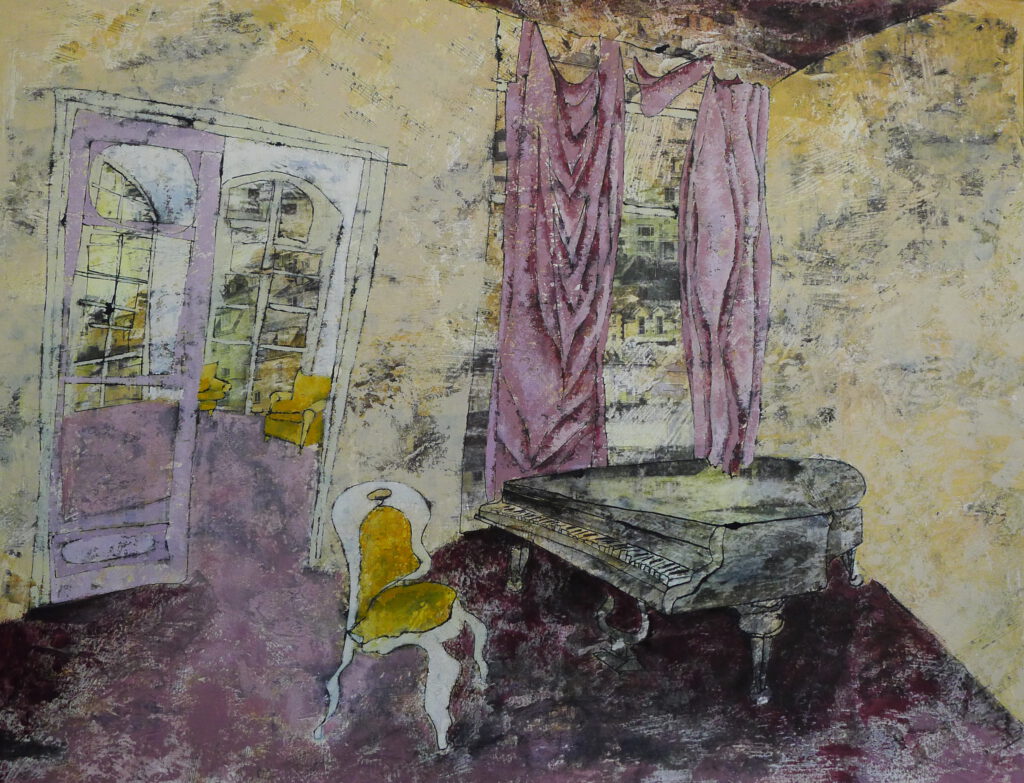 Een stille kamer waarin muziek nog lijkt na te trillen in de lucht. Een vleugel staat zwijgend bij het raam, zijn toetsen verborgen in schaduw, alsof het geluid zich heeft teruggetrokken maar niet verdwenen is. Roze gordijnen vallen zwaar langs het licht en laten een vervaagde wereld van buiten door, waar huizen als herinneringen door het glas heen schemeren. Een enkele stoel staat erbij, licht en leeg, als wachtend op iemand die ooit zat, luisterde, bleef. De deuren staan op een kier naar een andere ruimte, waar kleuren zachter worden en vormen oplossen. Alles ademt een zachte melancholie, een plek waar muziek, tijd en herinnering samenvallen in een stilte die nog vol betekenis is. Een schilderij over wat achterblijft na het moment zelf, over hoe een klank, een aanwezigheid, een handeling nog lang voelbaar kan zijn, zelfs wanneer alles al stil is geworden.