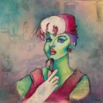 Een speels en dromerig portret van een vrouw met zachtgroene huid en kort, paars haar en een dieproze jurk en hoedje. De blik is levendig en licht onderzoekend, terwijl een zonnebril losjes tegen de lippen wordt gehouden, alsof een gedachte net is blijven hangen. De kleuren vloeien in elkaar over, paars, groen en roze, en geven het geheel een bijna magische sfeer. Op de achtergrond vervagen subtiele stadsvormen, als stille verhalen die onder de oppervlakte meereizen. Het beeld voelt licht en nieuwsgierig, een moment tussen zien en begrijpen. Een schilderij over wie we zijn wanneer we gezien worden, en wat er overblijft wanneer we ons niet meer verschuilen.
