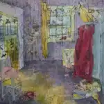 Een kamer doordrenkt van stilte, waar paarse muren fluisteren en het licht aarzelend door een gebroken raam valt. Een rode jurk hangt zwaar en leeg, alsof ze nog de warmte van een verdwenen lichaam draagt. Op de vloer ligt een verloren hoed, klein en eenzaam, als een achtergelaten gedachte. Uit de muur tekent zich het gezicht af van een vrouw en een man, vaag en breekbaar, half opgelost in de tijd, een blik die blijft hangen tussen zien en verdwijnen. Daarachter verschijnen, haast onmerkbaar, vervaagde huizen en bleke gevels en ramen die door de lagen verf heen schemeren, als herinneringen aan een buitenwereld die langzaam is opgelost maar zich niet volledig laat vergeten. In de hoek rusten boeken, gestapeld als herinneringen, terwijl een stoel en een achtergebleven schoen fragmenten van een ander moment vasthouden. Alles lijkt te wachten, zonder haast, zonder antwoord, een ruimte waar afwezigheid voelbaar wordt en waar het verleden zich zachtjes blijft herhalen in stof, kleur en stilte. Een schilderij over wat we achterlaten zonder het te beseffen, over hoe een plek gevuld kan blijven met wie we waren, lang nadat we er niet meer zijn.