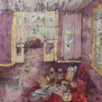 Een kamer in zachte paarstinten waar de tijd zich heeft neergelegd op een tafel vol kleine, zwijgende voorwerpen. Een fles, een verrekijker, een horloge, brief en een bril, alles ligt daar als stille getuigen van momenten die ooit betekenis droegen. Door openstaande deuren glijdt het oog naar een andere ruimte, waar een eenvoudige tafel en een theepot wachten in het bleke licht. In de achtergrond, bijna versmolten met de verf en het oppervlak, verschijnen vage huizen, lichte contouren van gevels en ramen die als herinneringen door de ruimte heen zweven, een buitenwereld die slechts nog in flarden aanwezig is. Gordijnen bewegen nauwelijks, alsof zelfs de lucht hier voorzichtig is. In de muur verschijnt het gezicht van een man, vaag en doorleefd, dat meekijkt zonder zich op te dringen, een herinnering die niet wil verdwijnen. De kamer ademt een bedachtzame rust, waarin elk object een verhaal bewaart en de tijd zelf zachtjes blijft door fluisteren, tot in die verre, half opgeloste huizen die stil blijven meekijken. Een schilderij over het moment waarop tijd geen lijn meer is, maar een ruimte wordt. Een plek waarin je kunt blijven hangen, waarin herinneringen en objecten samen een stille, onontkoombare aanwezigheid vormen.