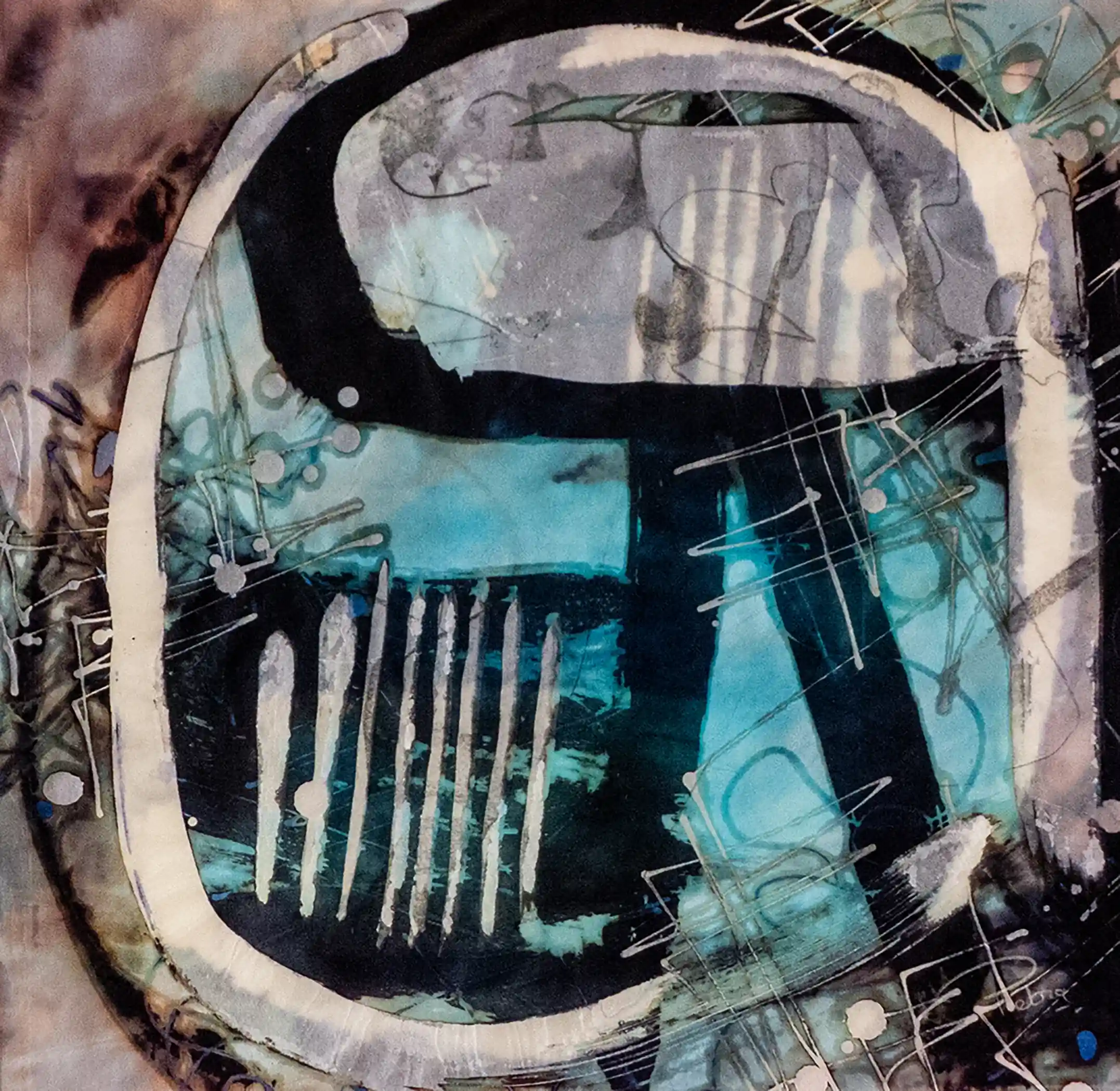 Een abstract schilderij waarin kijken zelf een vorm krijgt. Een lichte, omlijnende structuur omsluit het beeld als een kader dat niet afsluit, maar richting geeft alsof het oog zich aftekent in het doek. Binnen dit kader openen zich diepe blauwgroene vlakken, waarin donkere lijnen en kruisingen zich ophouden als sporen van wat gezien wordt en weer verdwijnt. Verticale accenten verschijnen als ritmes, als momenten van focus die even blijven hangen. Fijne, losse lijnen en stippen bewegen door het geheel als gedachten die zich langs het zicht vormen, onvast, veranderlijk, nooit volledig te vangen. Het schilderij voelt als een blik naar binnen en naar buiten tegelijk. Waar zien geen vastleggen is, maar een voortdurende beweging binnen de vorm van het kijken zelf.