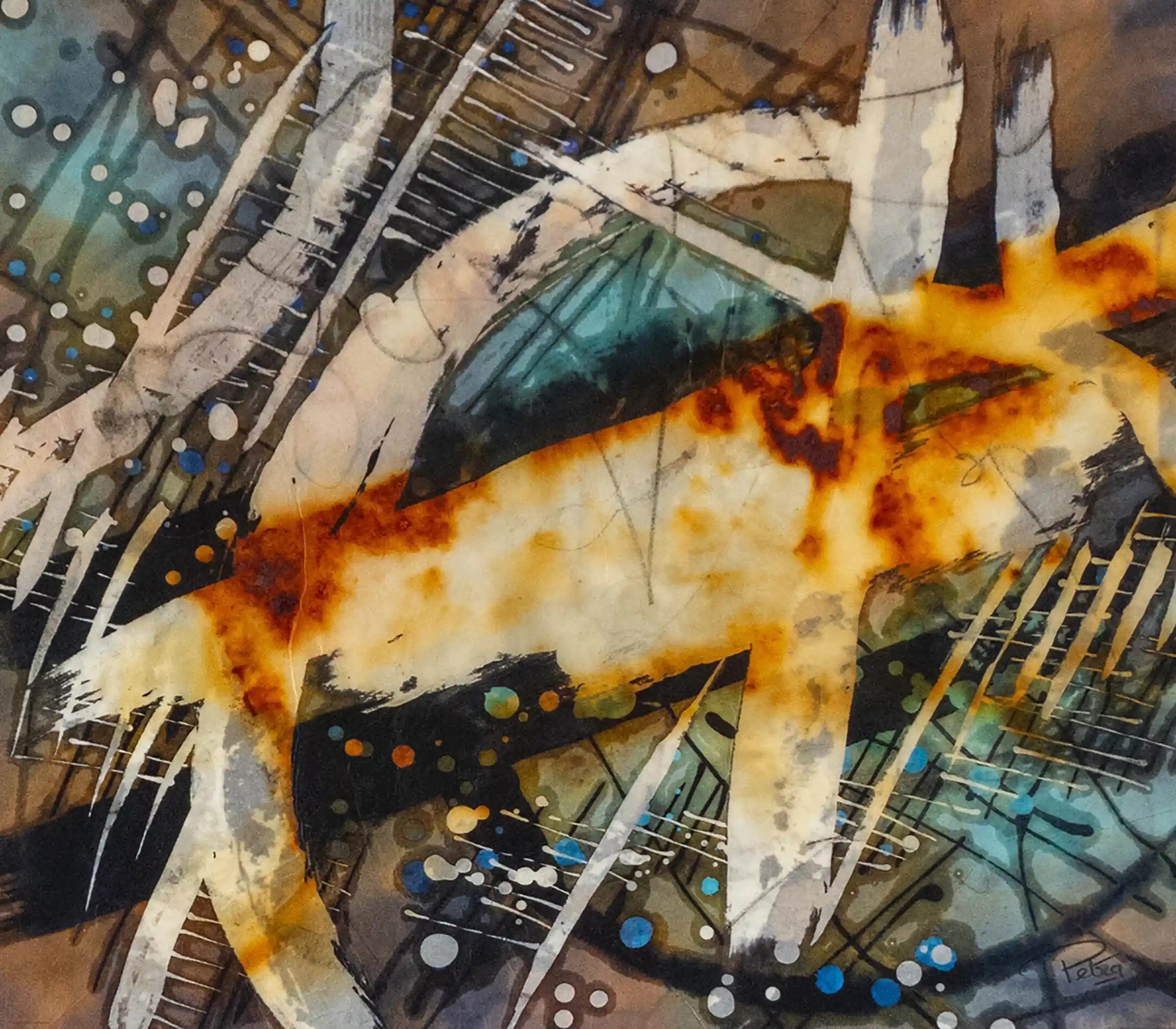 Een abstract schilderij waarin elke poging tot ordening onmiddellijk wordt onderbroken. Lijnen kruisen, botsen en verdwijnen weer, zonder zich te voegen naar een vaste structuur. Witte, brede gebaren bewegen zich over het doek als ingrepen die richting willen geven, maar uiteenvallen in hun eigen beweging. Dwars door het geheel loopt een roestkleurige zone, onregelmatig en levend, alsof iets zich door de lagen heen heeft gebrand en elke vorm van controle heeft doorbroken. Daaronder en daarachter liggen koelere groen- en blauwtinten, waarin fijne lijnen en rasterachtige structuren opduiken als pogingen tot ordening die nooit standhouden. Stippen en spatten verspreiden zich als losse signalen, zonder samen te komen tot een geheel. Het werk voelt als een voortdurende weerstand tegen vastleggen. Een ruimte waarin alles zich aandient, maar niets zich laat vangen in één systeem, één richting, één betekenis.