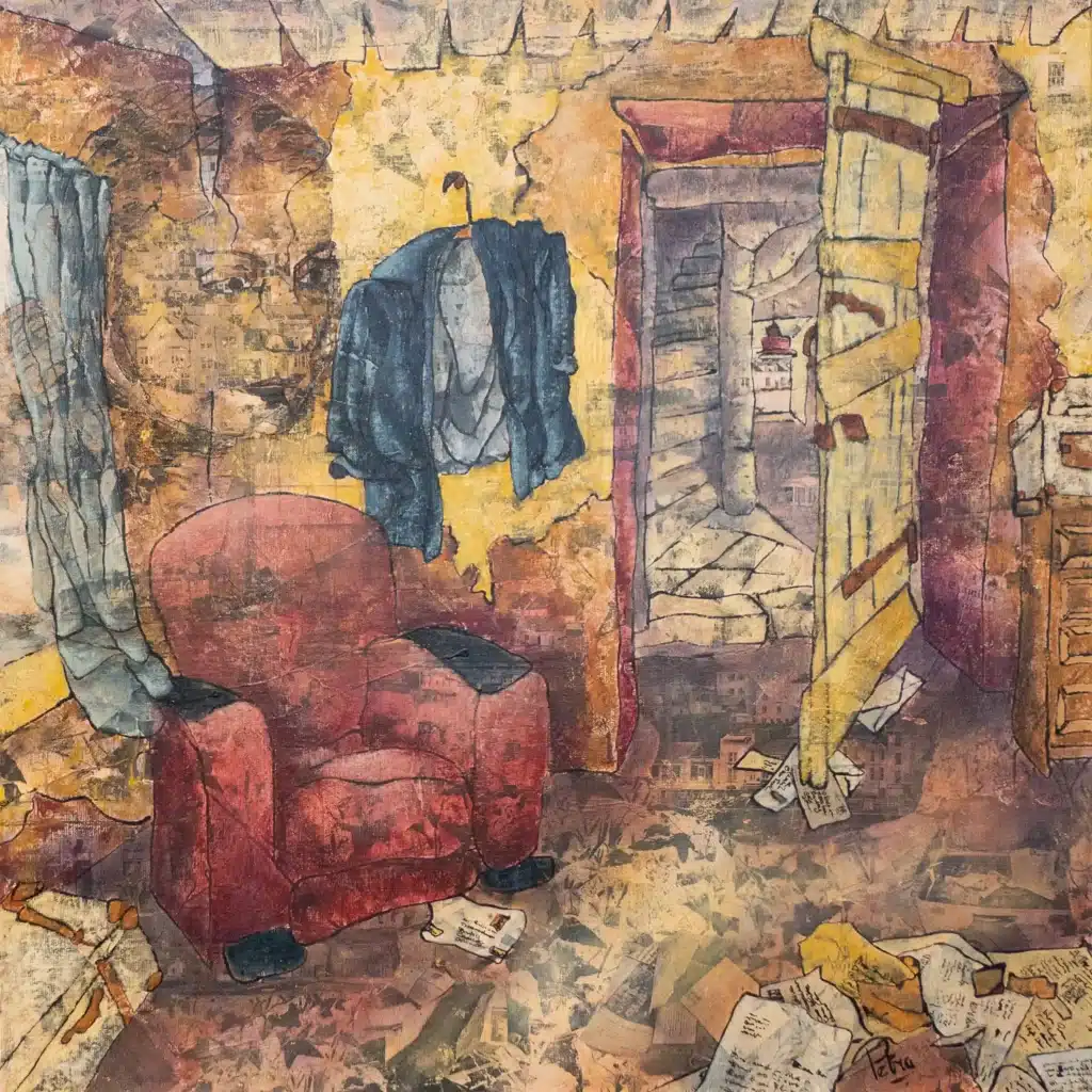 Een warme, rafelige ruimte waarin kleuren van oker, rood en blauw tegen elkaar aan schuren als herinneringen die niet willen samenvallen. Een zachte stoel staat centraal, versleten maar uitnodigend, terwijl een jas aan de muur hangt, leeg en toch vol aanwezigheid. Een deur staat open naar een smalle gang met een trap, waar het licht aarzelend verder trekt, alsof het niet zeker weet of het moet blijven of verdwijnen. Op de vloer liggen papieren, verspreid als flarden van gedachten die hun samenhang verloren hebben. Tussen die lagen, in de ondergrond van vloer en muur, verschijnen vage huizen, bleke afdrukken van gevels en straten die zich vermengen met het interieur, alsof een buitenwereld zich stil in deze kamer heeft genesteld. In de muur verschijnt het gezicht van een vrouw, stil en observerend, verweven met de textuur van de ruimte zelf. Alles lijkt hier te luisteren naar wat ooit gezegd is en naar wat nooit werd uitgesproken, een plek waar het innerlijke zich langzaam aftekent in kleur, vorm en stilte, en waar die half vervaagde huizen blijven opduiken als stille dragers van wat is geweest. Een schilderij over hoe ruimtes blijven spreken. Hoe muren, objecten en zelfs lucht herinneringen vasthouden. En hoe je, als je lang genoeg kijkt, die aanwezigheid bijna kunt voelen.