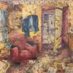Een warme, rafelige ruimte waarin kleuren van oker, rood en blauw tegen elkaar aan schuren als herinneringen die niet willen samenvallen. Een zachte stoel staat centraal, versleten maar uitnodigend, terwijl een jas aan de muur hangt, leeg en toch vol aanwezigheid. Een deur staat open naar een smalle gang met een trap, waar het licht aarzelend verder trekt, alsof het niet zeker weet of het moet blijven of verdwijnen. Op de vloer liggen papieren, verspreid als flarden van gedachten die hun samenhang verloren hebben. Tussen die lagen, in de ondergrond van vloer en muur, verschijnen vage huizen, bleke afdrukken van gevels en straten die zich vermengen met het interieur, alsof een buitenwereld zich stil in deze kamer heeft genesteld. In de muur verschijnt het gezicht van een vrouw, stil en observerend, verweven met de textuur van de ruimte zelf. Alles lijkt hier te luisteren naar wat ooit gezegd is en naar wat nooit werd uitgesproken, een plek waar het innerlijke zich langzaam aftekent in kleur, vorm en stilte, en waar die half vervaagde huizen blijven opduiken als stille dragers van wat is geweest. Een schilderij over hoe ruimtes blijven spreken. Hoe muren, objecten en zelfs lucht herinneringen vasthouden. En hoe je, als je lang genoeg kijkt, die aanwezigheid bijna kunt voelen.