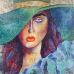 Een dromerig portret van een vrouw onder een brede, groene hoed die haar blik deels verbergt. Eén oog blijft zichtbaar, helder, scherp en vol stille aandacht, terwijl de rest van haar gezicht zacht oplicht in lagen van warme en koele kleuren. Haar lippen gloeien in rood, haar huid draagt sporen van textuur en tijd. In de achtergrond lossen vormen van een stad op, alsof herinneringen langzaam vervagen. De blauwe stof op haar schouder voegt een zachte beweging toe, als een fluistering in beeld. Het geheel ademt een gevoel van mysterie: een aanwezigheid die zich niet volledig prijsgeeft, maar juist daardoor blijft intrigeren. Een schilderij over kiezen wat je laat zien, over de ruimte tussen zichtbaar zijn en jezelf bewaren, en de kracht die juist in dat verborgen deel ligt.